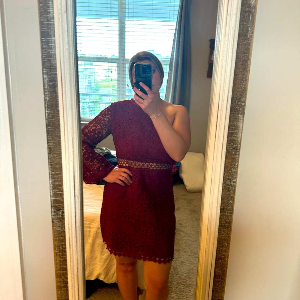 Lace One Shoulder Burgundy Dress
